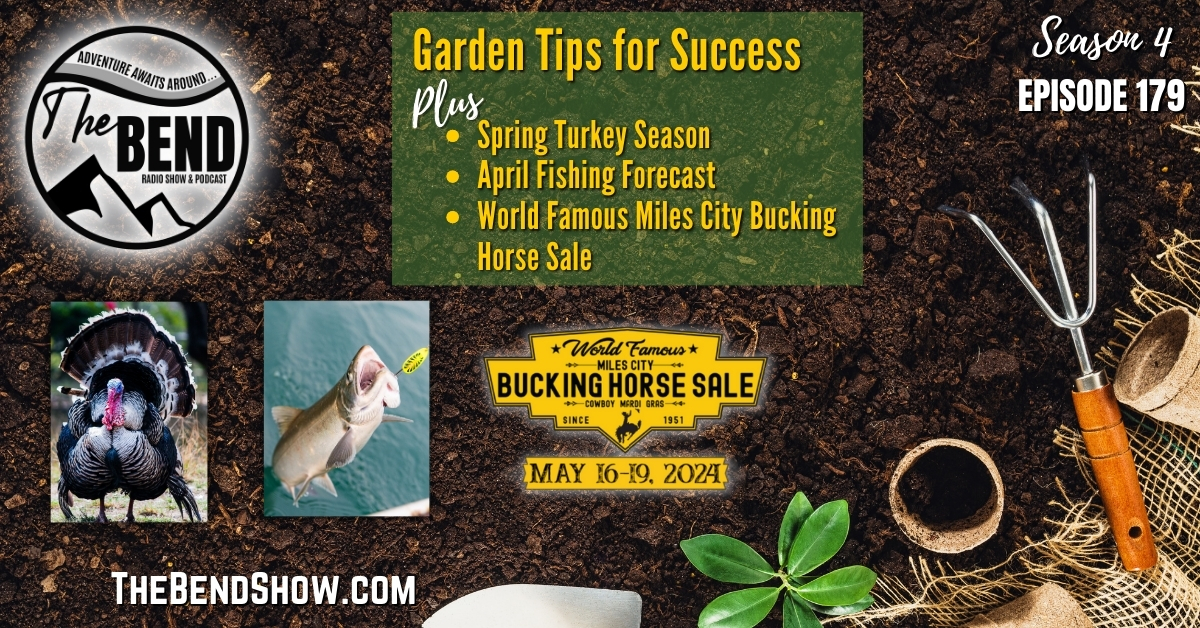 WEBSITE The BEND SHOW S4 E179 Gardening Tips Spring Turkey Hunting April Fishing Forecast Outdoors World Famous Miles City Bucking Horse Sale Rebecca Wanner BEC Jeff Erhardt Tigger